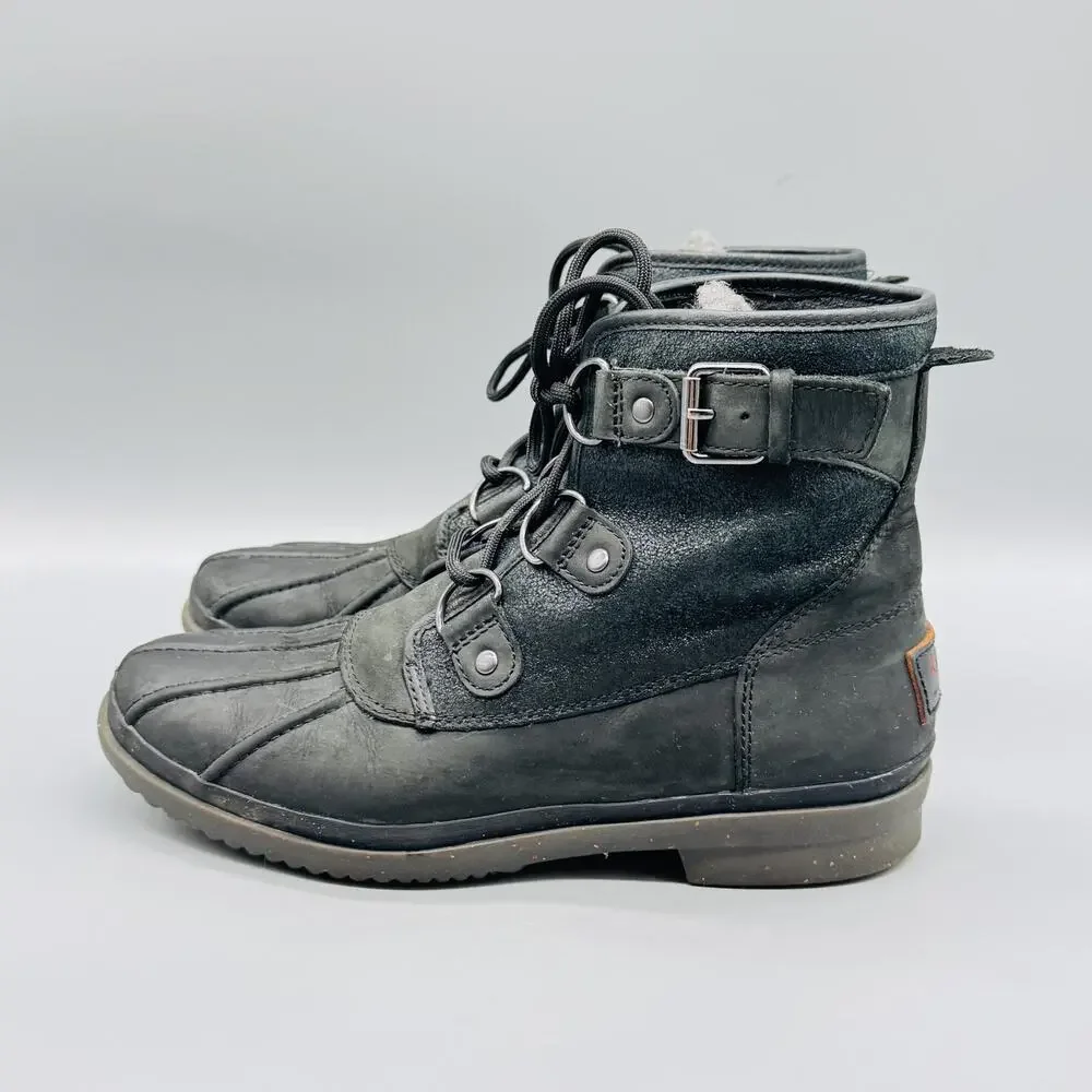 UGG Boots Womens 7 Black Cecile Waterproof Fur Lined Lace Up Ankle Duck Winter